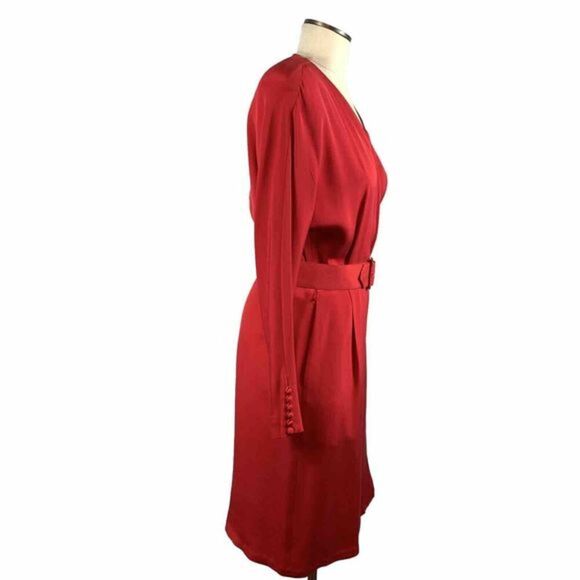 VTG Linda Allard Ellen Tracy Red Silk Wrap Dress Long Sleeve with Button Cuff 6 - Picture 5 of 12